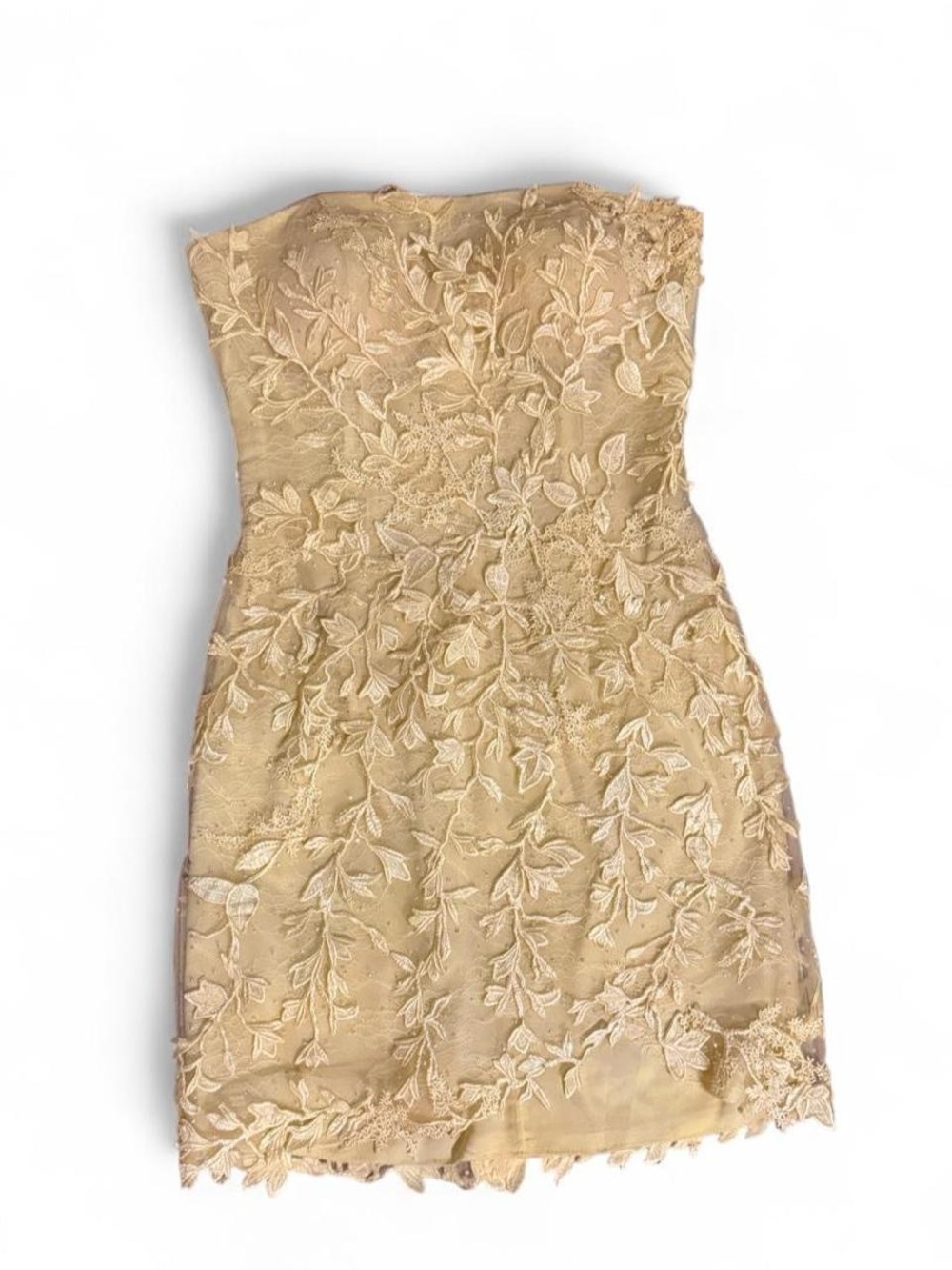 Sherri Hill Strapless Lace Cocktail Dress in Champagne Gold